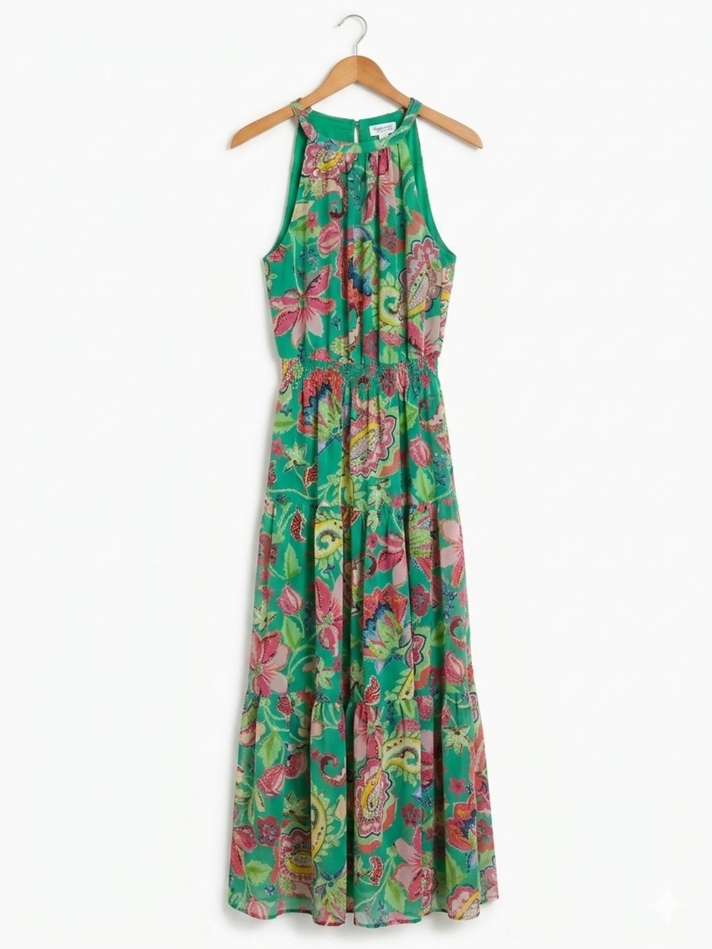 Tahari Arthur Levine Green Paisley Floral Halter Tiered Maxi Dress Size 6
